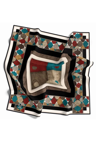Twill Geometrik Mermer Desenli Siyah Renkli 90x90 Eşarp (İpek İçermez) Kenar Dikiş Şekli El Dikişli - Resim 2