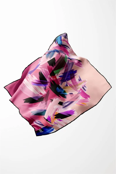 Twill Fırça Desenli Pembe Renkli 90x90 Eşarp (İpek İçermez) Kenar Dikiş Şekli El Dikişli - Resim 4