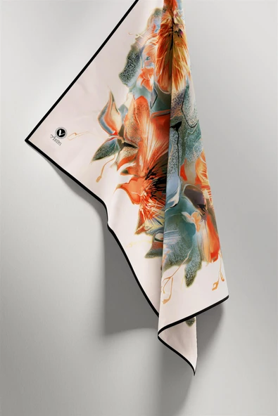 Twill Çiçek Desenli Turuncu Renkli 90x90 Eşarp (İpek İçermez) Kenar Dikiş Şekli El Dikişli - Resim 4