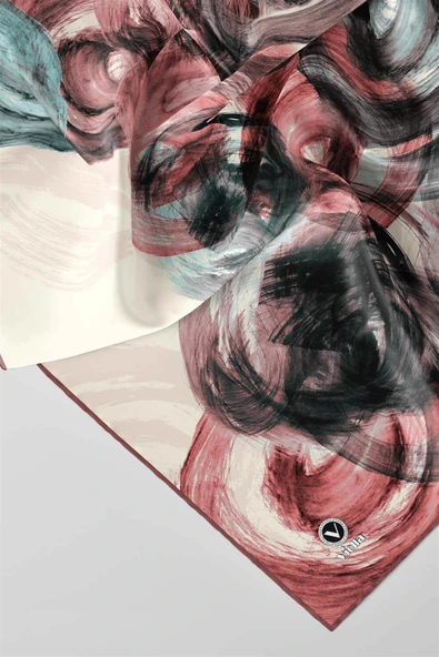 Twill Fırça Efektli Desenli Pudra Renkli 90x90 Eşarp (İpek İçermez) Kenar Dikiş Şekli El Dikişli - Resim 3