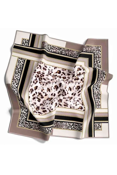 Twill Kemerli ve Leopar Desenli Bej Renkli 90x90 Eşarp (İpek İçermez) Dikim Şekli : El Dikişi - Resim 2