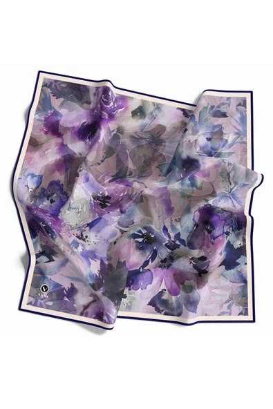 Rayon Çiçek Desenli Lacivert Renkli 90x90 Eşarp (İpek İçermez) Dikim Şekli : El Dikişi ürün görseli 1