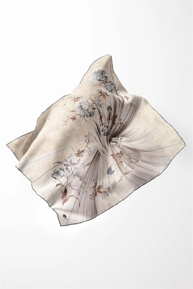 Twill Çiçekli Desenli Gri Renkli 90x90 Eşarp (İpek İçermez) Kenar Dikiş Şekli El Dikişli - Resim 3