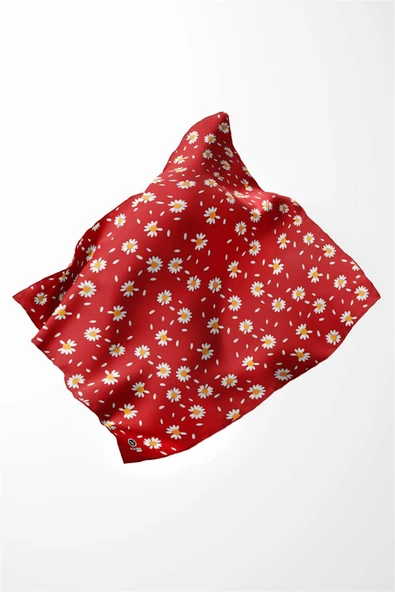 Twill Papatya Desenli Kırmızı Renkli 90x90 Eşarp (İpek İçermez) Kenar Dikiş Şekli El Dikişli - Resim 3