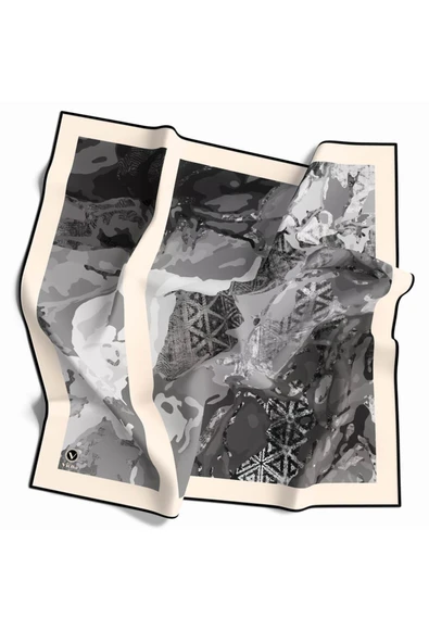 Twill Etnik ve Batik Desenli Gri Renkli 90x90 Eşarp (İpek İçermez) Dikim Şekli : El Dikişi ürün görseli