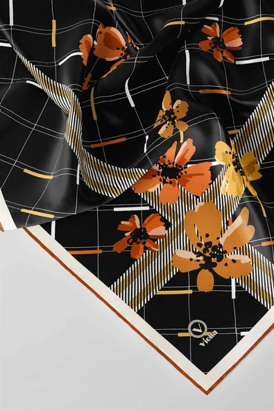 Twill Papatya Desenli Taba Renkli 90x90 Eşarp (İpek İçermez) Kenar Dikiş Şekli El Dikişli - Resim 3