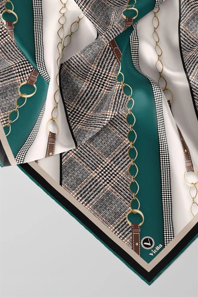 Twill Kemer Desenli Petrol Yeşili Renkli 90x90 Eşarp (İpek İçermez) Kenar Dikiş Şekli El Dikişli - Resim 2