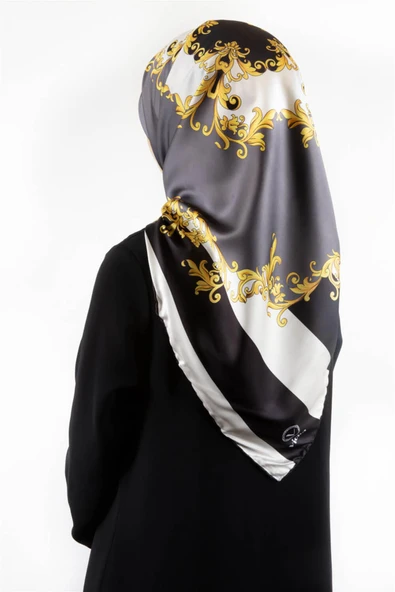 Twill Çizgili Barok Desenli Gri Renkli 90x90 Eşarp (İpek İçermez) Kenar Dikiş Şekli El Dikişli ürün görseli
