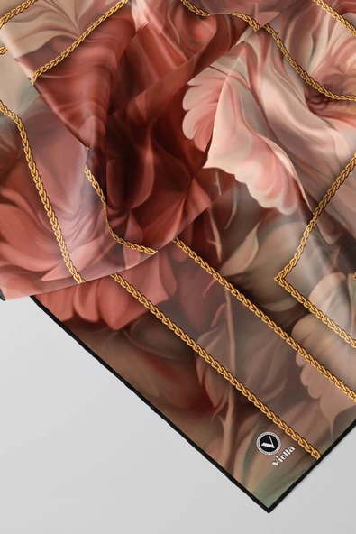 Twill Gül Desenli Somon - Mint Yeşili Renkli 90x90 Eşarp (İpek İçermez) Kenar Dikiş Şekli El Dikişli - Resim 2