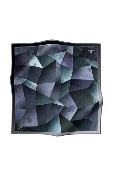 %100 Twill İpek Geometrik Desenli Cam Göbeği - Gri Renkli 90x90 Eşarp Dikim Şekli : El Dikişi - Resim 2