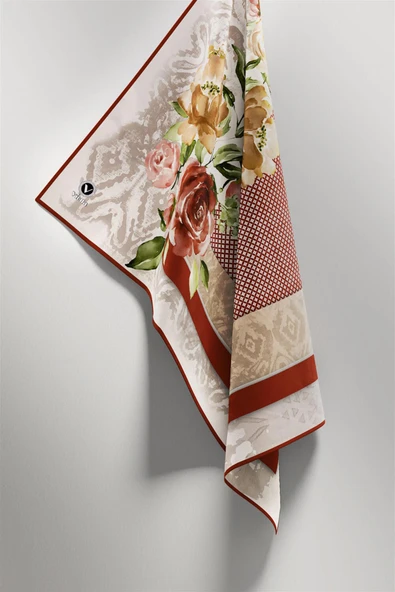 Twill Çiçek Desenli Taba Renkli 90x90 Eşarp (İpek İçermez) Kenar Dikiş Şekli El Dikişli - Resim 3