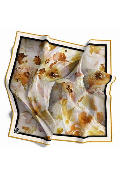 Rayon Sulu Boyalı Çiçek Desenli Hardal Renkli 90x90 Eşarp (İpek İçermez) Kenar Dikiş Şekli El Dikişli ürün görseli