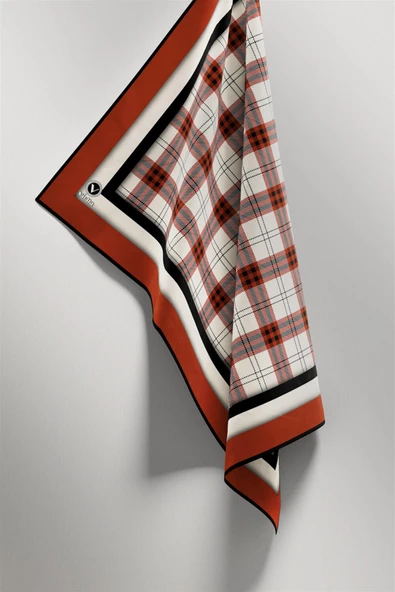 Twill Ekose Desenli Taba Renkli 90x90 Eşarp (İpek İçermez) Kenar Dikiş Şekli El Dikişli - Resim 4