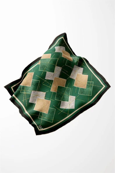 Twill Geometrik Desenli Petrol Yeşili Renkli 90x90 Eşarp (İpek İçermez) Kenar Dikiş Şekli El Dikişli - Resim 2