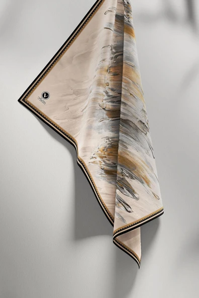 Twill Fırça Darbesi Desenli Bej Renkli 90x90 Eşarp (İpek İçermez) Dikim Şekli : El Dikişi - Resim 4