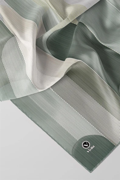 Twill Geometrik Desenli Koyu Mint Yeşili Renkli 90x90 Eşarp (İpek İçermez) Kenar Dikiş Şekli El Dikişli - Resim 2