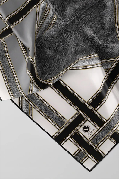 Twill Bordür Taş Desenli Gri Renkli 90x90 Eşarp (İpek İçermez) Kenar Dikiş Şekli El Dikişli - Resim 3