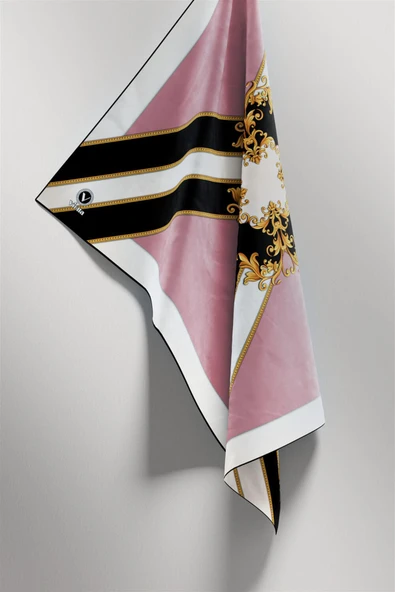 Twill Barok Desenli Pudra - Siyah Renkli 90x90 Dikim Şekli : El Dikişi Eşarp (İpek İçermez) - Resim 4