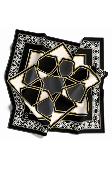 Twill Osmanlı Çini Desenli Füme Renkli 90x90 Eşarp (İpek İçermez)Kenar Dikiş Şekli El Dikişli - Resim 2