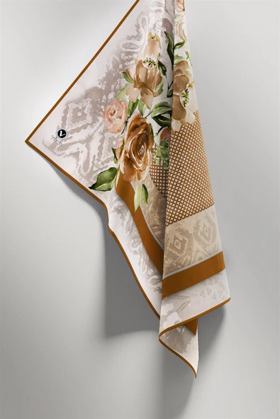 Twill Çiçek Desenli Hardal Renkli 90x90 Eşarp (İpek İçermez) Kenar Dikiş Şekli El Dikişli - Resim 3