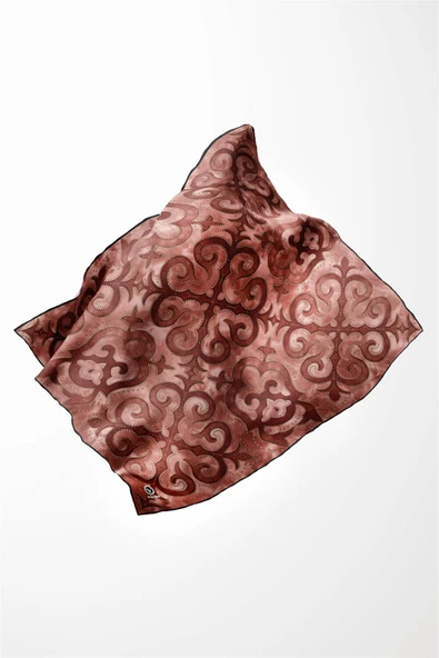 Twill Barok Desenli Bordo Renkli 90x90 Eşarp (İpek İçermez) Kenar Dikiş Şekli El Dikişli - Resim 2