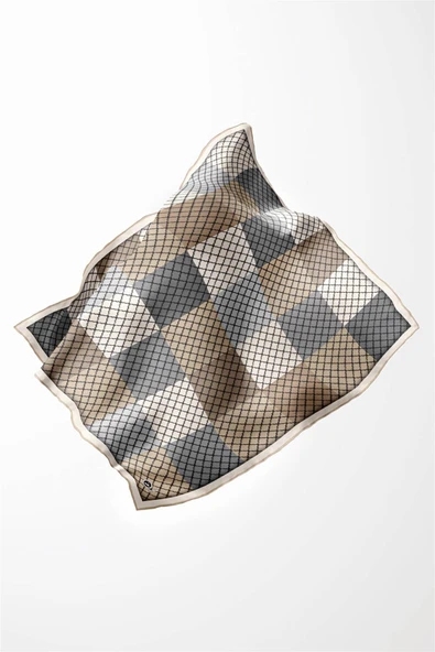 Twill Kare Desenli Bej Renkli 90x90 Eşarp (İpek İçermez) Kenar Dikiş Şekli El Dikişli - Resim 3