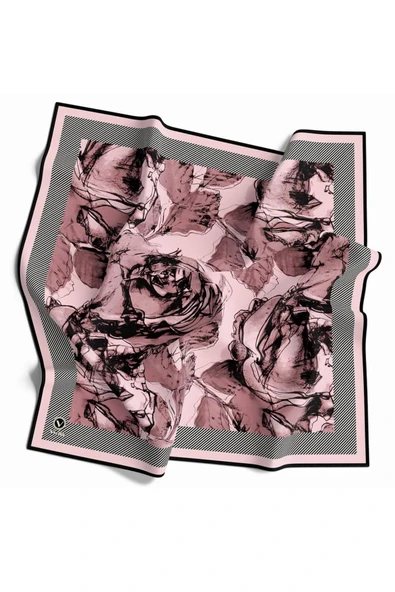 Twill Gül Yaprak Desenli Pudra Renkli 90x90 Eşarp (İpek İçermez) Kenar Dikiş Şekli El Dikişli - Resim 2