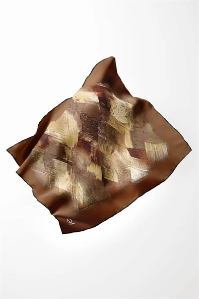 Twill Fırça Efektli Desenli Taba Renkli 90x90 Eşarp (İpek İçermez) Kenar Dikiş Şekli El Dikişli - Resim 3