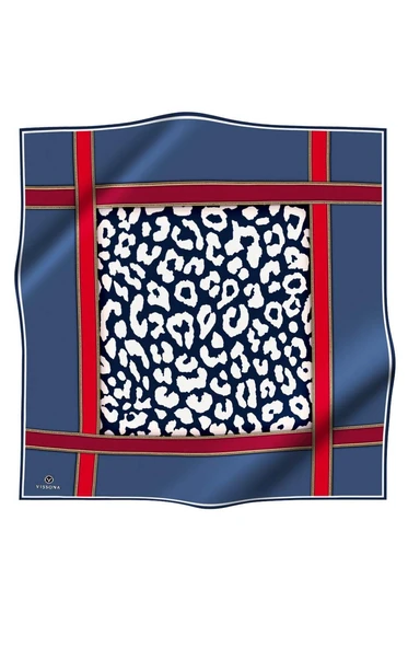 %100 Twill İpek Leopar Desenli İndigo - Kırmızı Renkli 90x90 Eşarp Dikim Şekli : El Dikişi - Resim 2