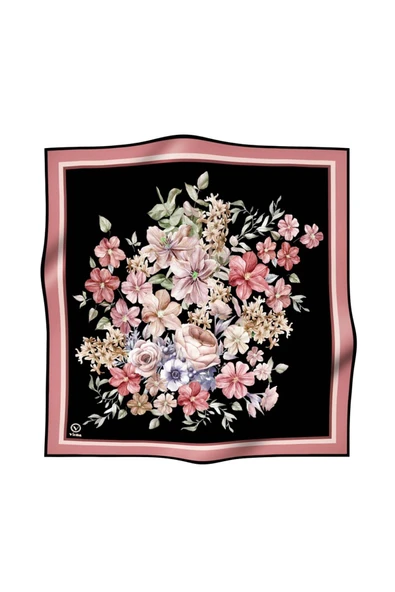 Twill Sonbahar Desenli Siyah - Pudra Renkli 90x90 Eşarp (İpek İçermez) Kenar Dikiş Şekli El Dikişli - Resim 2