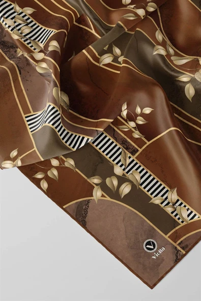 Twill Yapraklı Ve Geometrik Desenli Taba Renkli 90x90 Eşarp (İpek İçermez) Kenar Dikiş Şekli El Dikişli - Resim 3