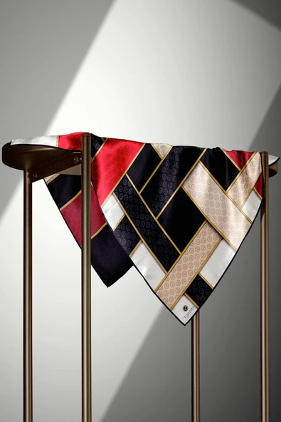 %100 Twill İpek Geometrik Desenli Siyah - Kırmızı Renkli 90x90 Eşarp Dikim Şekli : El Dikişi - Resim 5