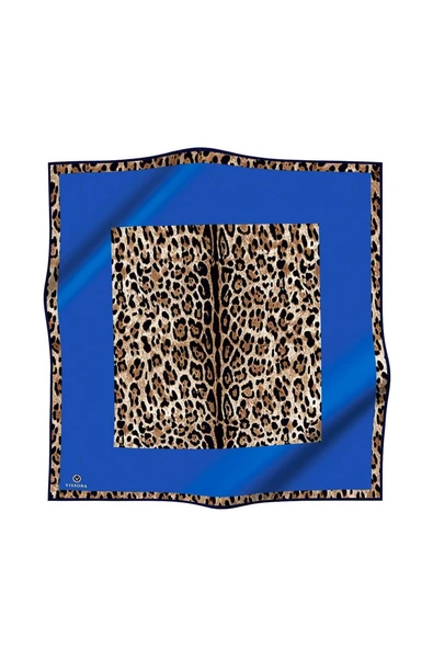 %100 Twill İpek Leopar Desenli Saks Renkli 90x90 Eşarp Dikim Şekli : El Dikişi - Resim 2