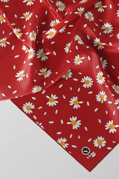 Twill Papatya Desenli Kırmızı Renkli 90x90 Eşarp (İpek İçermez) Kenar Dikiş Şekli El Dikişli - Resim 2