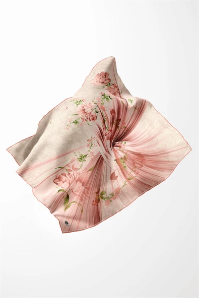 Twill Çiçekli Desenli Somon Renkli 90x90 Eşarp (İpek İçermez) Kenar Dikiş Şekli El Dikişli - Resim 3