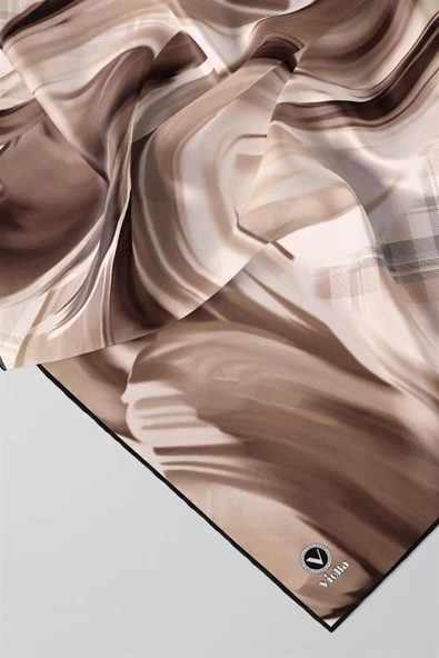 Twill Dalga ve Ekose Desenli Bej Renkli 90x90 Eşarp (İpek İçermez)Kenar Dikiş Şekli El Dikişli - Resim 2