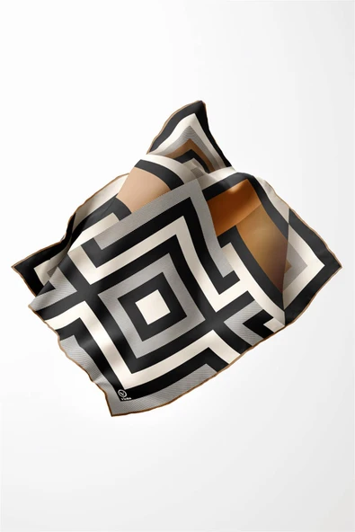 Twill Geometrik Desenli Vizon Renkli 90x90 Eşarp (İpek İçermez) Dikim Şekli : El Dikişi - Resim 5