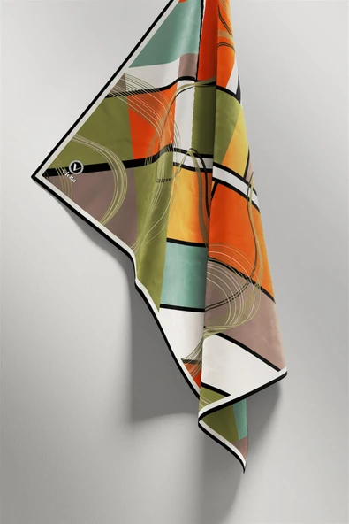 Twill Geometrik Desenli Turuncu - Haki Renkli 90x90 Eşarp (İpek İçermez) Dikim Şekli : El Dikişi - Resim 4