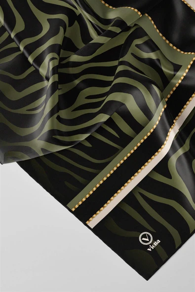 Twill Zebra Desenli Siyah - Haki Renkli 90x90 Eşarp (İpek İçermez) Dikim Şekli : El Dikişi - Resim 2