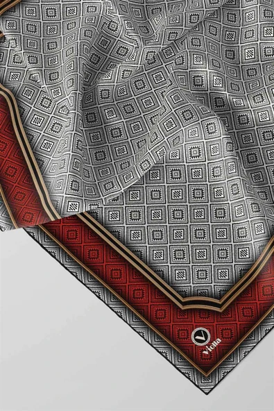Twill Geometrik Çıtır Desenli Kırmızı Renkli 90x90 Eşarp (İpek İçermez) Kenar Dikiş Şekli El Dikişli - Resim 2