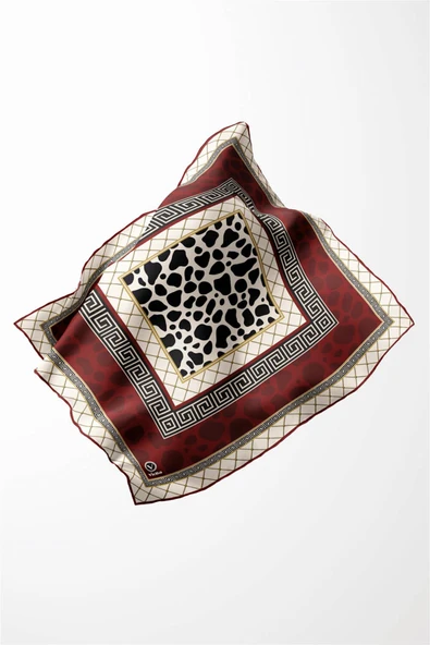 Twill Taş Desenli Bordo Renkli 90x90 Eşarp (İpek İçermez) Kenar Dikiş Şekli El Dikişli - Resim 3