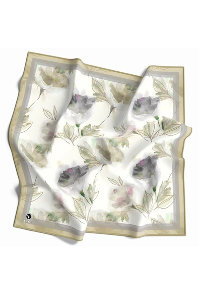 Twill Suluboya Çiçek Desenli Bej Renkli 90x90 Eşarp (İpek İçermez) Kenar Dikiş Şekli El Dikişli ürün görseli