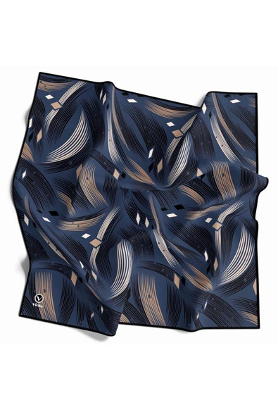 Rayon Geometrik Çizgili Desenli İndigo Renkli 90x90 Eşarp (İpek İçermez) Kenar Dikiş Şekli El Dikişli ürün görseli