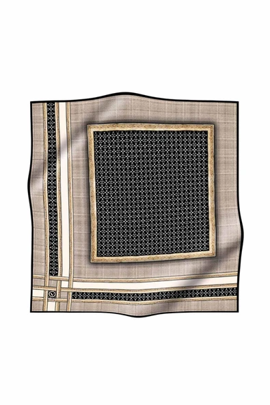 Twill Gold Bordürlü Geometrik Desenli Bej Renkli 90x90 Eşarp (İpek İçermez) Kenar Dikiş Şekli El Dikişli - Resim 2