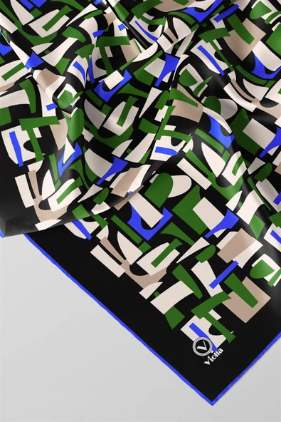 Twill Geometrik Desenli Zümrüt Yeşili - Saks Renkli 90x90 Eşarp (İpek İçermez) Dikim Şekli : El Dikişi - Resim 2