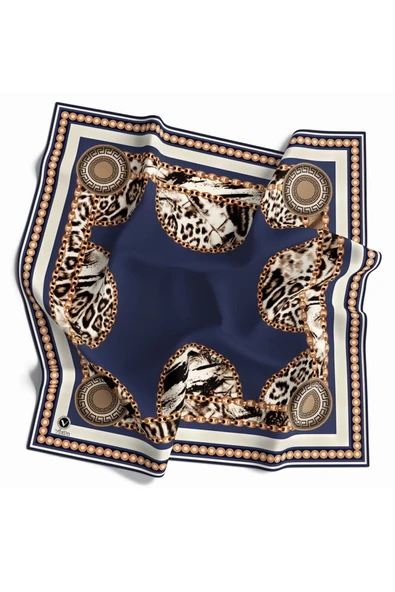 Kristal Zincirli Leopar Desenli İndigo Renkli 90x90 Eşarp (İpek İçermez) Kenar Dikiş Şekli El Dikişli ürün görseli