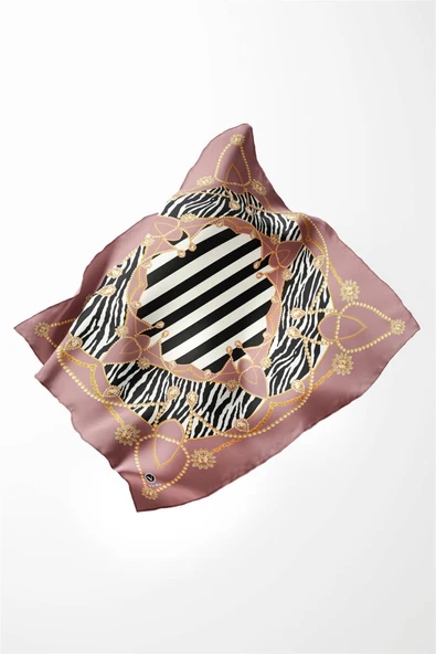 Twill Gold Detaylı Zebra Desenli Gül Kurusu Renkli 90x90 Eşarp (İpek İçermez) Kenar Dikiş Şekli El Dikişli - Resim 3