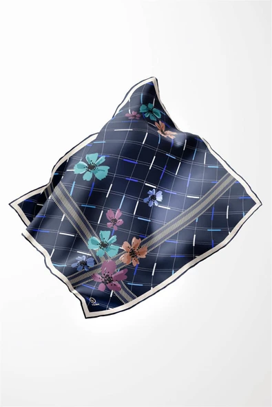 Twill Papatya Desenli İndigo Renkli 90x90 Eşarp (İpek İçermez) Kenar Dikiş Şekli El Dikişli - Resim 4