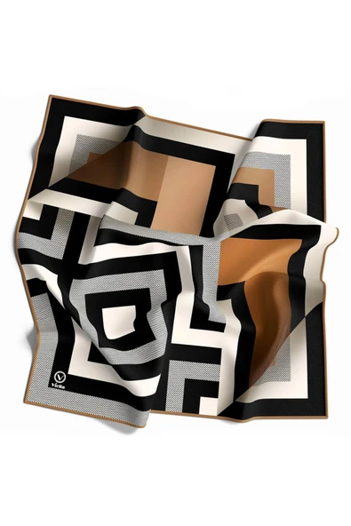 Twill Geometrik Desenli Vizon Renkli 90x90 Eşarp (İpek İçermez) Dikim Şekli : El Dikişi - Resim 3