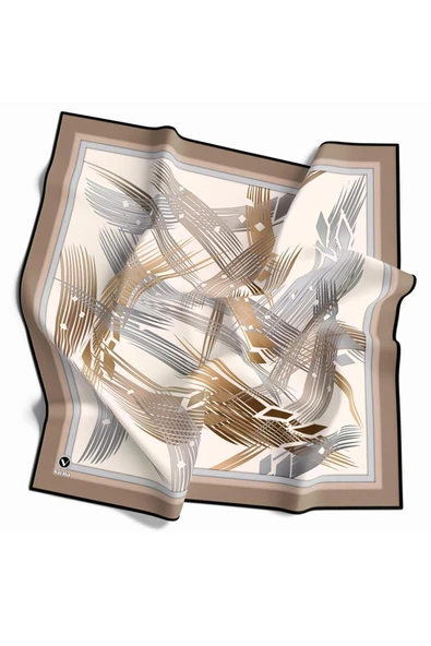Twill Geometrik Desenli Bej Renkli 90x90 Eşarp (İpek İçermez) Kenar Dikiş Şekli El Dikişli ürün görseli